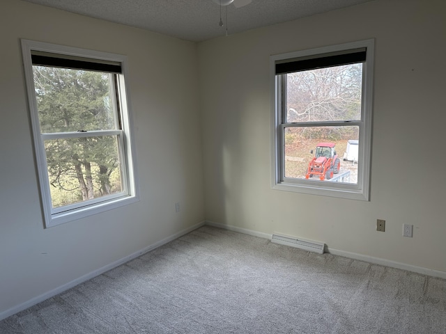 spare room featuring a textured ceiling, carpet floors, and plenty of natural light