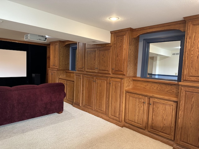 carpeted home theater featuring a textured ceiling