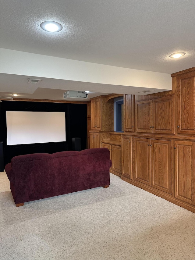 carpeted cinema room with a textured ceiling