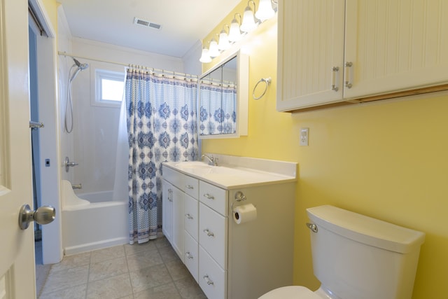 12500 W Rocheport Gravel Rd, Rocheport, MO 65279 - bathroom featuring tile patterned flooring, visible vents, toilet, shower / bath combination with curtain, and vanity