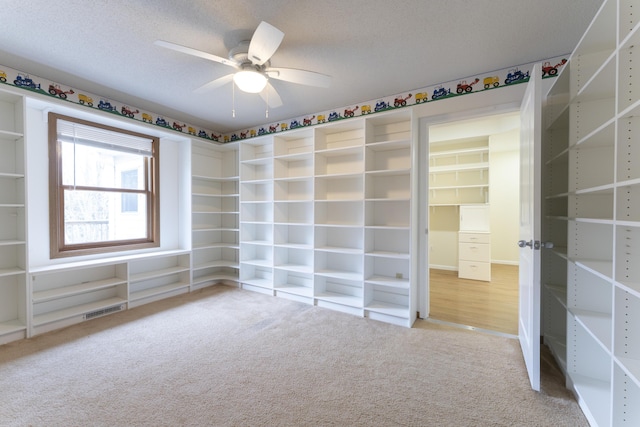 12500 W Rocheport Gravel Rd, Rocheport, MO 65279 - interior space featuring ceiling fan, light colored carpet, visible vents, and a textured ceiling