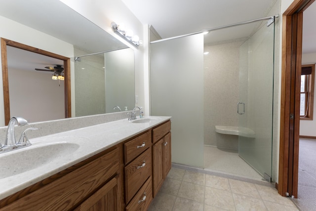 12500 W Rocheport Gravel Rd, Rocheport, MO 65279 - bathroom with a sink, double vanity, ceiling fan, and a shower stall