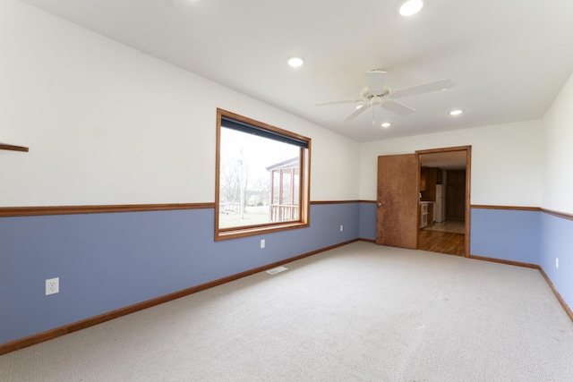 12500 W Rocheport Gravel Rd, Rocheport, MO 65279 - unfurnished room featuring visible vents, ceiling fan, baseboards, carpet floors, and recessed lighting