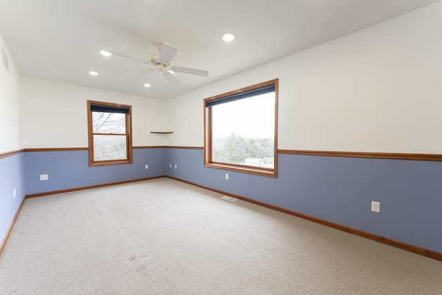 12500 W Rocheport Gravel Rd, Rocheport, MO 65279 - carpeted empty room with visible vents, recessed lighting, baseboards, and a ceiling fan
