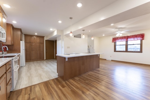 12500 W Rocheport Gravel Rd, Rocheport, MO 65279 - kitchen featuring white appliances, light wood-style floors, brown cabinets, and light countertops