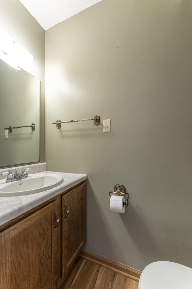 12500 W Rocheport Gravel Rd, Rocheport, MO 65279 - half bathroom featuring toilet, wood finished floors, and vanity