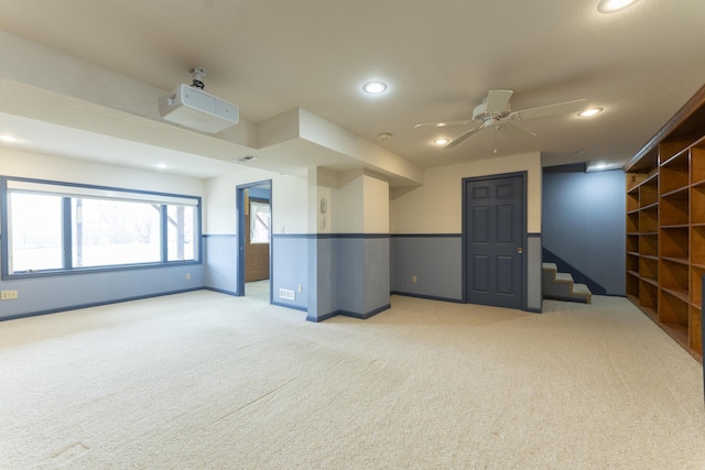 12500 W Rocheport Gravel Rd, Rocheport, MO 65279 - interior space featuring stairway, baseboards, carpet floors, recessed lighting, and ceiling fan