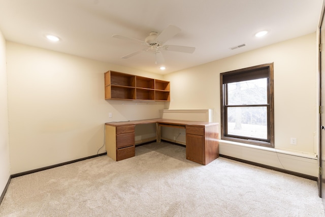 12500 W Rocheport Gravel Rd, Rocheport, MO 65279 - unfurnished office with visible vents, light carpet, a ceiling fan, recessed lighting, and baseboards