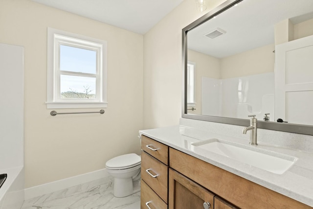 full bathroom with baseboards, a shower, toilet, marble finish floor, and vanity