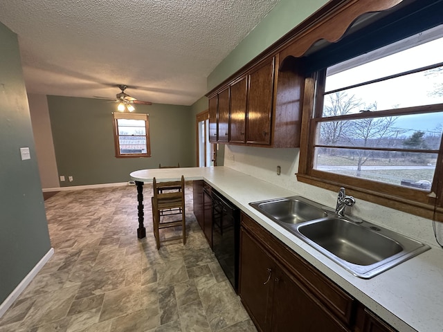 kitchen featuring dishwasher, sink, ceiling fan, a textured ceiling, and dark brown cabinetry