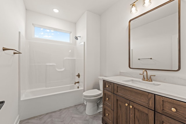 full bathroom featuring vanity, toilet, washtub / shower combination, and parquet floors