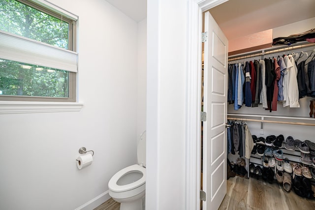 bathroom with toilet and hardwood / wood-style flooring