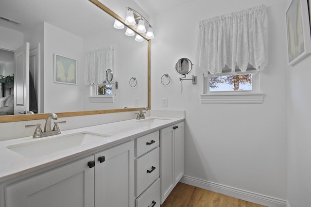 bathroom featuring hardwood / wood-style floors and vanity