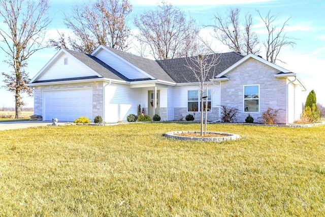 ranch-style home featuring a front yard and a garage