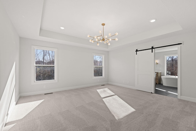 spare room featuring a barn door, a healthy amount of sunlight, and a tray ceiling