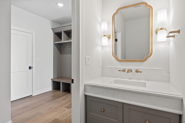 bathroom featuring wood-type flooring and vanity