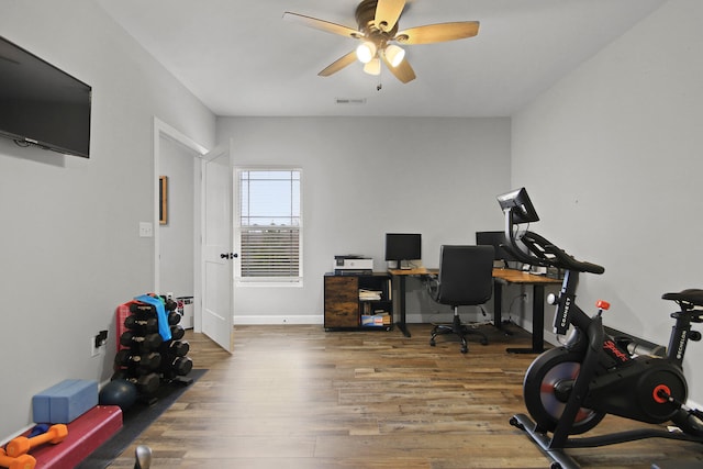 office space with ceiling fan and hardwood / wood-style floors