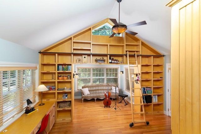 sitting room with vaulted ceiling, light hardwood / wood-style flooring, and ceiling fan