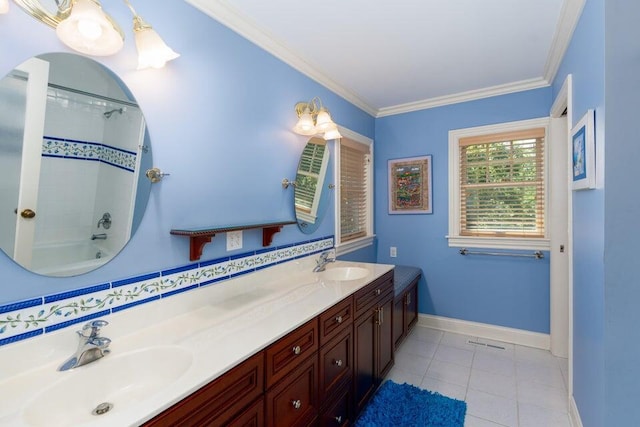 bathroom featuring tile patterned floors, vanity, crown molding, and shower / bathtub combination with curtain