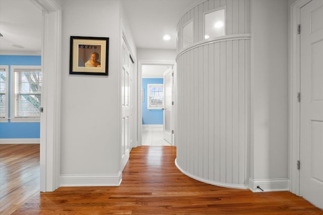 corridor featuring light wood-type flooring, crown molding, and a healthy amount of sunlight