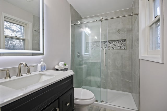 bathroom featuring vanity, an enclosed shower, and toilet