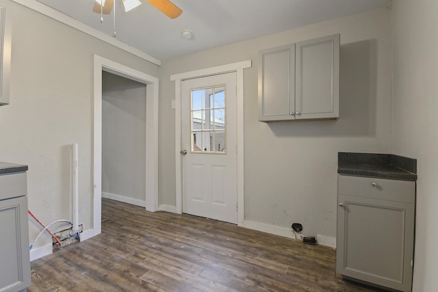 laundry room with ceiling fan and dark wood-type flooring