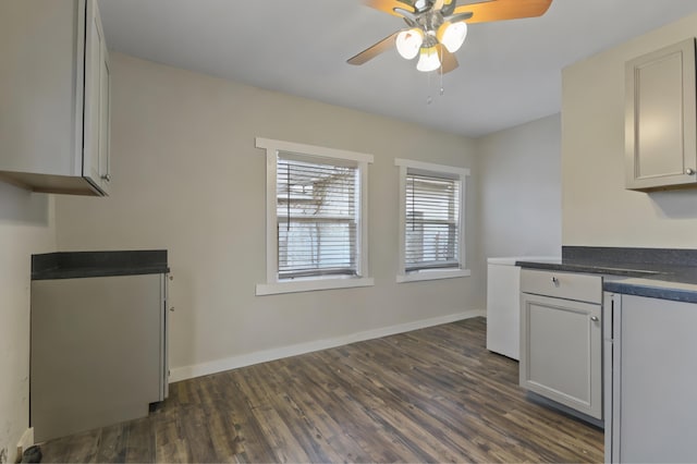 kitchen with ceiling fan and dark hardwood / wood-style floors