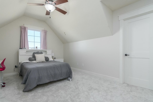 bedroom featuring lofted ceiling, carpet flooring, ceiling fan, and baseboards