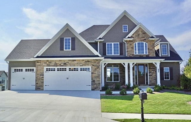 craftsman-style home with concrete driveway and a front lawn