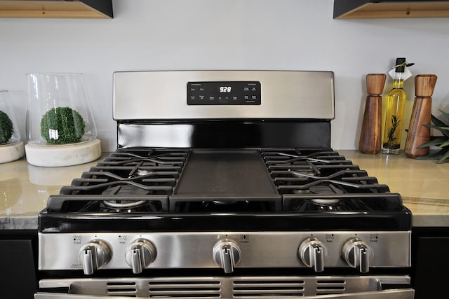 interior details featuring stainless steel gas stove and light stone countertops