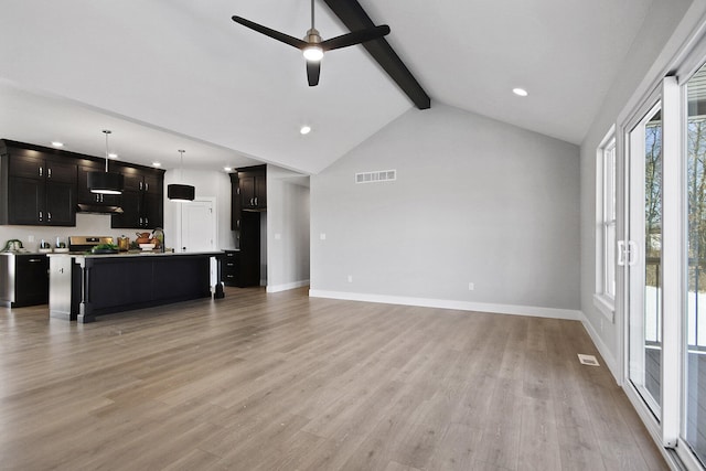 unfurnished living room featuring light wood-type flooring, ceiling fan, sink, high vaulted ceiling, and beamed ceiling