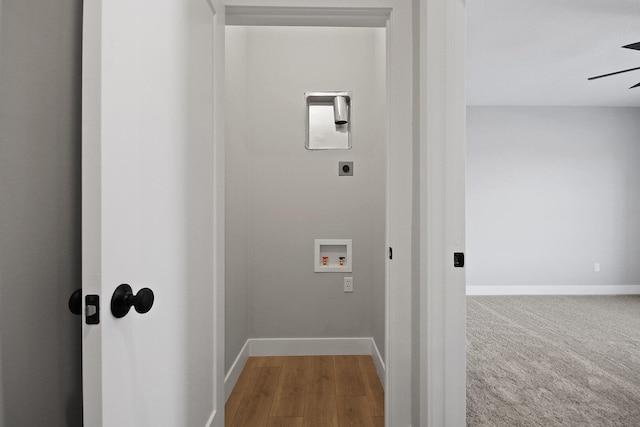 washroom featuring hookup for an electric dryer, ceiling fan, wood-type flooring, and hookup for a washing machine