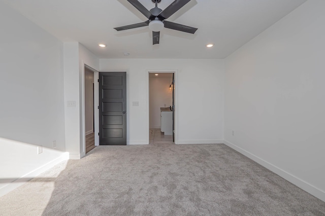 unfurnished bedroom with recessed lighting, baseboards, carpet floors, and ceiling fan