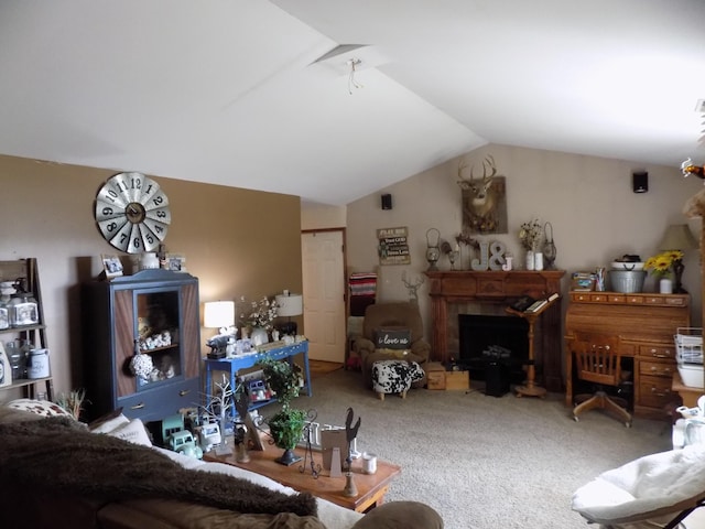 living room featuring carpet floors and vaulted ceiling