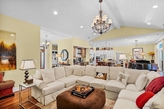 living room with wood ceiling, a chandelier, hardwood / wood-style floors, and lofted ceiling with beams