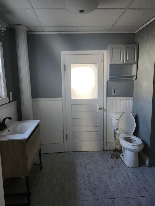 bathroom featuring a paneled ceiling, vanity, toilet, and wood-type flooring