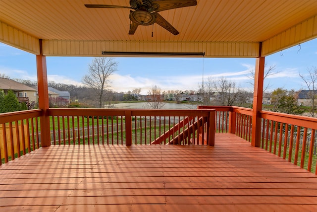 3103 Woods Crossing Dr, Columbia, MO 65202 - wooden terrace with a lawn, a water view, and ceiling fan
