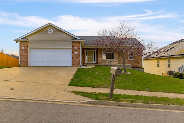 3103 Woods Crossing Dr, Columbia, MO 65202 - ranch-style home with driveway, cooling unit, an attached garage, brick siding, and a front lawn