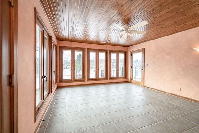 interior space with ceiling fan, a healthy amount of sunlight, and wooden ceiling