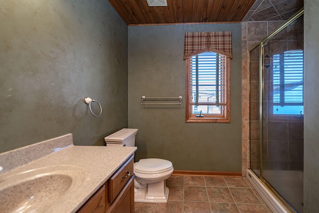 bathroom featuring toilet, wood ceiling, an enclosed shower, and vanity