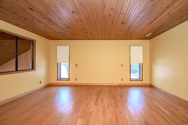 spare room featuring wooden ceiling and light hardwood / wood-style floors