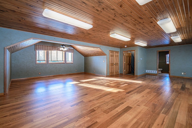 bonus room with ceiling fan, hardwood / wood-style floors, lofted ceiling, and wood ceiling