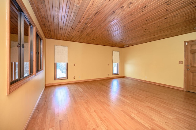 empty room featuring light hardwood / wood-style floors and wood ceiling