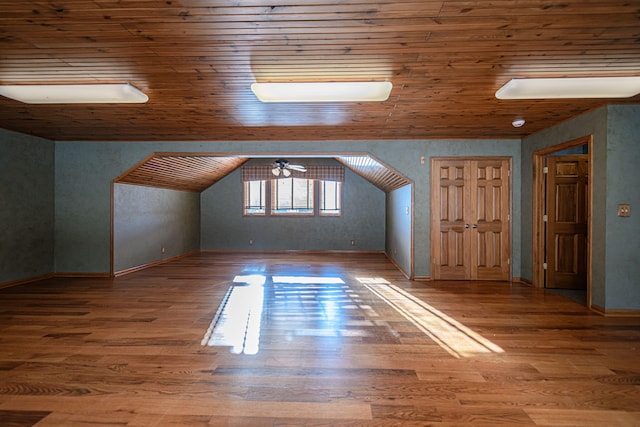 bonus room featuring ceiling fan, wood ceiling, and hardwood / wood-style floors