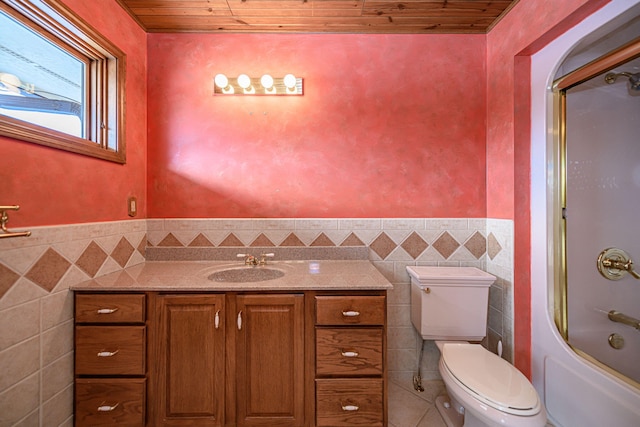 full bathroom featuring wooden ceiling, tile walls, combined bath / shower with glass door, and toilet