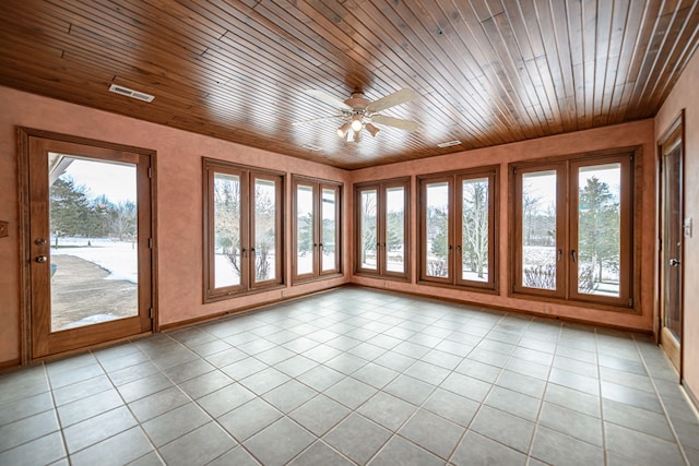 unfurnished sunroom with ceiling fan, wood ceiling, and french doors