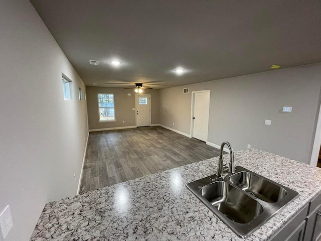 kitchen featuring ceiling fan, dark wood-type flooring, and sink