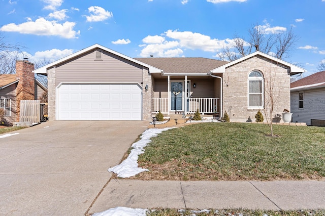 single story home with a garage, covered porch, and a front lawn