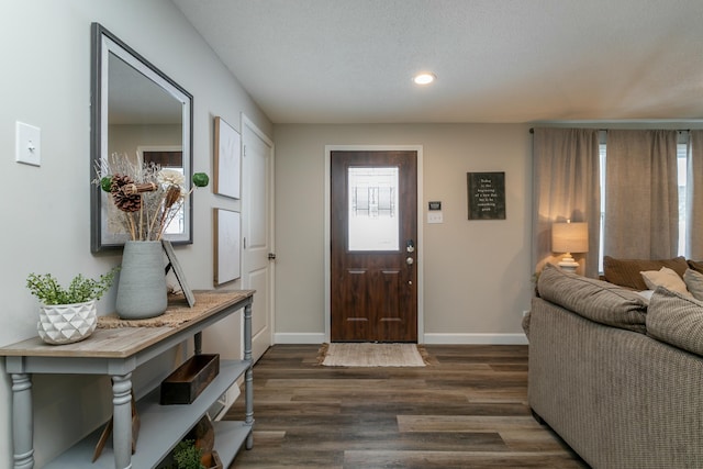 foyer entrance with a textured ceiling and dark hardwood / wood-style flooring