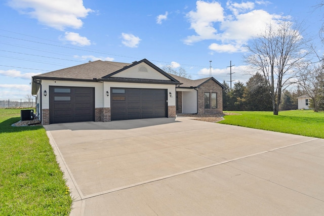 view of front of home featuring a garage, a front lawn, and cooling unit